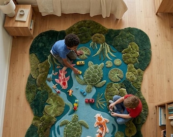 3D Pond Rug, Hand Tufted Wool Carpet, Biophilic Zen Decor, Koi Fish Floor Rug