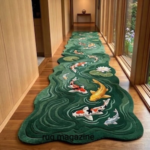 Teal runne koi fish trending Hand Tufted Wool Rug, Terracotta Geometric Modern Carpet