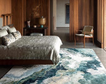 Abstract Blue Wool Area Rug, Modern Sculptural Flower Rug