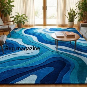 Puede incluir: Una alfombra rectangular grande con un patrón ondulado en tonos azules y blancos. La alfombra es el punto focal de una sala de estar, con un sofá gris, sillas de madera y una mesa de centro. El texto "Rug magazine" es visible en la alfombra.