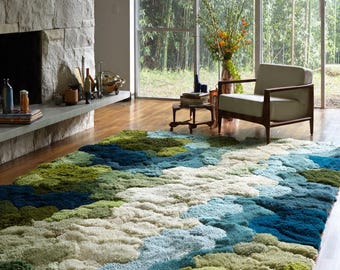 Moos grün blauer Teppich: 3D Kieselstein Design, Von der Natur inspiriertes Bodendekor