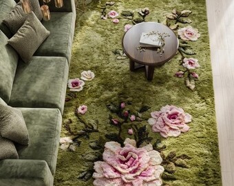 Handmade Moss Texture Wool Rug: Sculptural Green Area Rug
