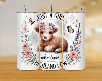 Highland Cow Floral Tumbler Wrap – Cute Animal PNG (Digital Download)
