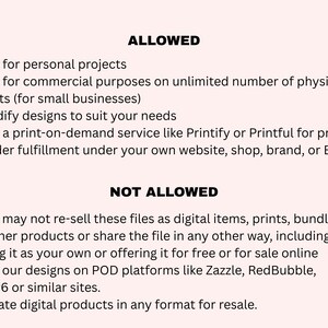 Puede incluir: Un fondo rosa con texto negro que detalla los usos permitidos y no permitidos de archivos digitales. El texto incluye opciones para uso personal y comercial, modificaci&oacute;n y servicios de impresi&oacute;n bajo demanda. Las restricciones incluyen la reventa de archivos, la venta en plataformas POD y la creaci&oacute;n de productos digitales para reventa.