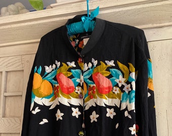 Carole Little Crinkle Crepe Black shirt with Lush Fruit Bodice Border. Size 10.