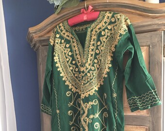 Full Length  India Caftan in Green With Gold Embroidery Size S/M