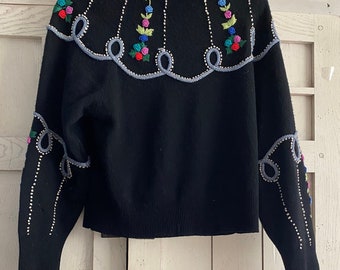 Exquisite Italian Black Sweater With Embroidery Knots and Trim. Vintage.
