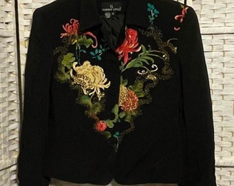 Carole Little Screen Print Dressy Black Jacket Touched With Gold. Size 8