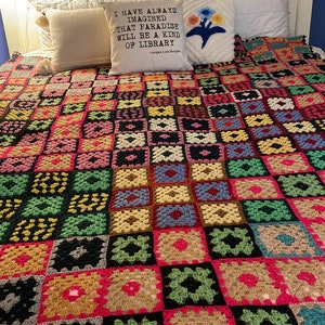 Granny Square Bedspread/Throw With Black Background and a Rainbow of Colors 82”x54”