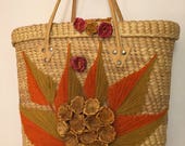Straw Tote Bag from Mexico With Stitched Flowers and Leaves - Perfect for Summer