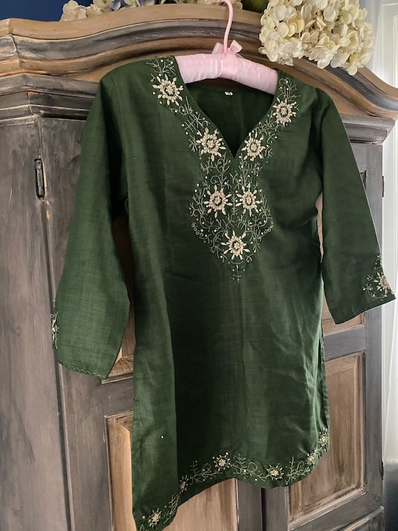 Spruce Green Indian Tunic/kaftan With Embroidered 