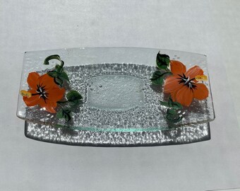 Clear Pebbled Glass Tray with Hand Painted Poppies Circa 1940s