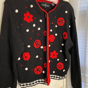 Carole Little Holiday Snowball Cardigan  with Crocheted Flowers.  Small