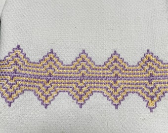 Hand Embroidered Vintage Kitchen towel with Maker’s Initals. Lilac & Lemon on White
