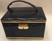 60s Square train Case Style Jewel Box & Manicure Set in Faux Black Alligator. Travel in style.