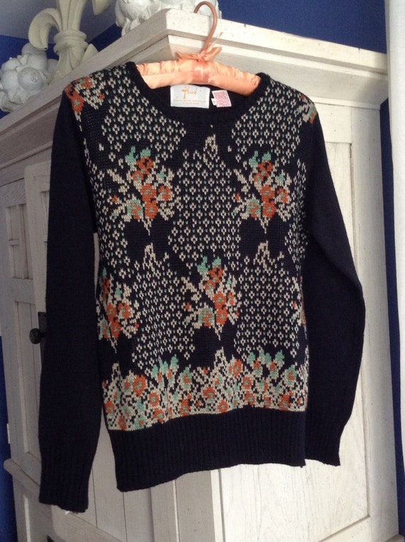 1970s Floral Acrylic Black Sweater Size S/M