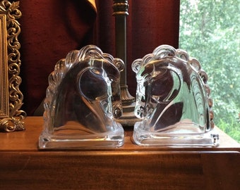 Glass Bookends With Elegant Horse Theme. A Regal Pair.