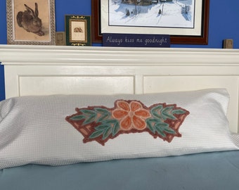 Handmade Body Pillow Cover With an Appliquéd Vintage Chenille Flower. One of a Kind.