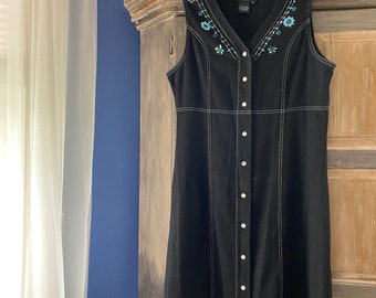 Carole Little Black Denim Maxi Dress With Beaded Trim Size 10. Snap Front.
