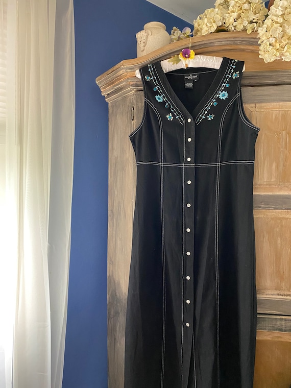 Carole Little Black Denim Maxi Dress With Beaded T