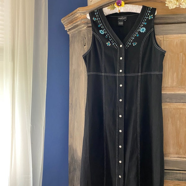 Carole Little Black Denim Maxi Dress With Beaded Trim Size 10. Snap Front.