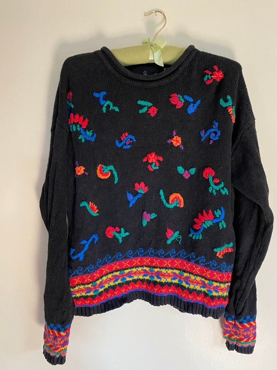 Carole Little Black Cotton Sweater With Colorful E