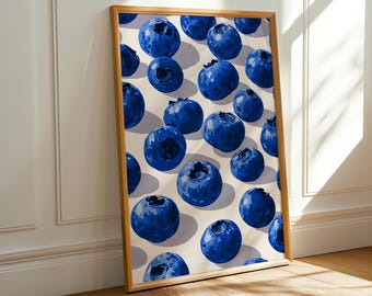 Impressão artística de mirtilos - Ilustração de frutas para parede - Arte de parede azul - Decoração de parede para casa e cozinha