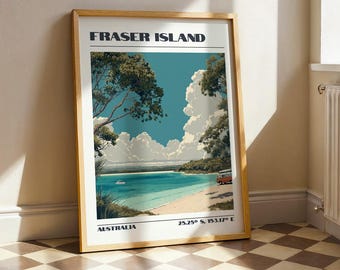 Fraser Island Wall Art, Australia Coastal Print, Vintage Travel Poster, Travel Gift