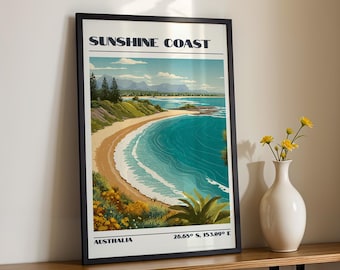 Sunshine Coast Wall Art, Australia Beach Print, Vintage Travel Poster, Travel Gift