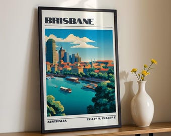Brisbane Wall Art, Australia City Print, Vintage Travel Poster, Travel Gift
