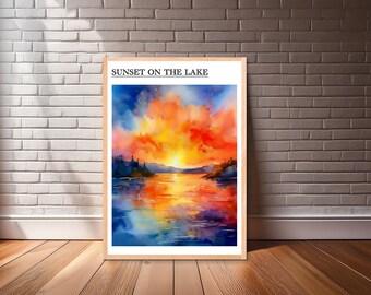 Sonnenuntergang See Aquarell Kunstdruck – Farbenfrohes Home-Decor