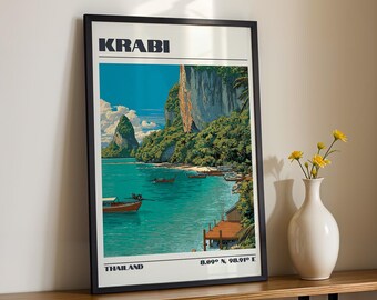 Krabi Wall Art, Thailand South East Asia Nature Print, Vintage Travel Poster, Travel Gift