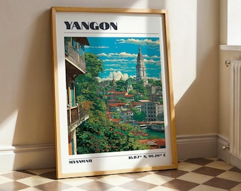 Yangon Wall Art, Myanmar South East Asia Print, Vintage Travel Poster, Travel Gift