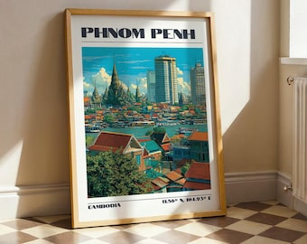 Phnom Penh Wall Art, Cambodia South East Asia Print, Vintage Travel Poster, Travel Gift