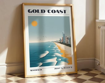 Gold Coast Wall Art, Australia Coastal Print, Vintage Travel Poster, Travel Gift