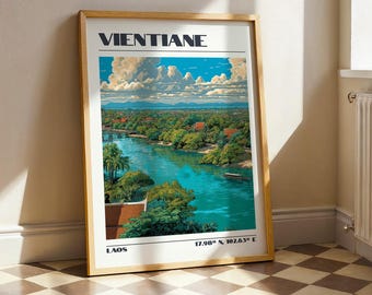 Vientiane Wall Art, Laos South East Asia Print, Vintage Travel Poster, Travel Gift