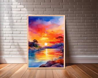 Sonnenuntergang See Aquarell Kunstdruck – Bunter Himmel Poster