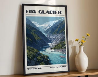 Fox Glacier Wall Art, New Zealand Print, Travel Poster, Travel Gift