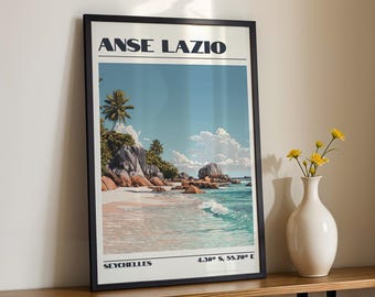 Anse Lazio Wall Art, Seychelles Print, Travel Poster, Travel Gift