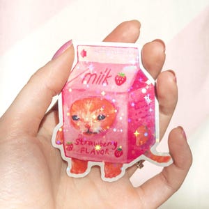 Strawberry Milk Cat Holo Glitter Sticker | Cat Sticker, Cute Sticker, Meme Cat, Glitter Sticker, Holographic Sticker, Gift For Cat Lover
