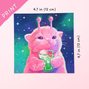 Kunstdruck „Melonenlimonaden-Alienkatze“ | Katzenbild, Katzenkunst, Meme-Katze, süße Katze, Geschenk für Katzenliebhaber, Weltraumkatze, Alienkatze, Glorp-Katze
