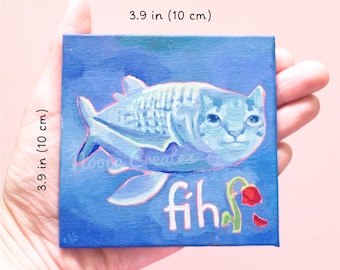 MINI Pintura de gato meme azul con pez en gouache / Pintura de gato, Arte de gato, Gato meme, Gato lindo, Regalo para amantes de los gatos, Gato pez, Meme de pez, Gato divertido