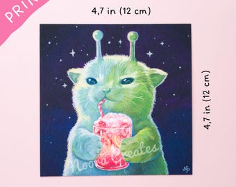 Strawberry Lemonade Alien Cat Art Print | Cat Print, Cat Art, Meme Cat, Cute Cat, Gift For Cat Lovers, Cat Art Print, Cat Print, Alien Cat