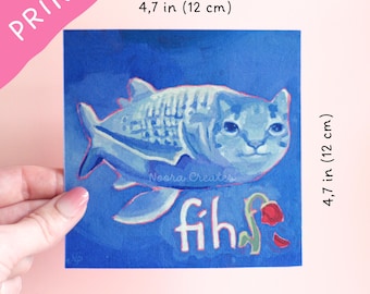 Konsttryck av fiskkatt | Kattmålning, kattkonst, memekatt, söt katt, present till kattälskare, kattkonsttryck, katttryck, rolig katt, fiskkatt, fiskkatt