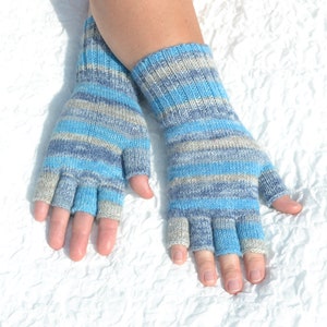 Hand knitted blue and grey half finger gloves, handmade woolen gloves with open fingers, typing gloves for cold hands, fingerless gloves image 5