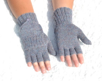 Denim convertible mittens, hand knitted convertible gloves, flip top mittens with closed thumbs, half finger mittens,handmade alpaca mittens