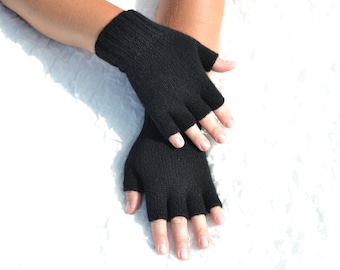 Black cashmere half finger gloves, hand knitted cashmere gloves, knit winter gloves, handmade women's arm warmers, black open finger gloves