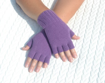 Purple cashmere half finger gloves, hand knitted open finger gloves for cold hands, soft finger tipless gloves, typing gloves, wrist warmers