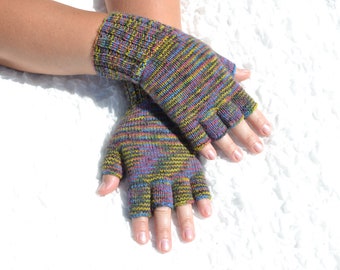 Multicolor half finger gloves, hand knitted women's gloves, handmade women's gloves, hand knit colorful gloves, knit open finger gloves