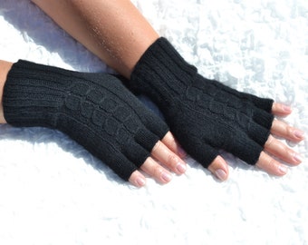 Black cashmere half finger gloves, hand knitted gloves, black cashmere gloves, open finger gloves, women's black gloves, cable knit gloves